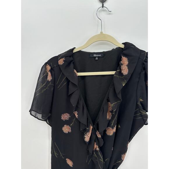 Madewell Womens Black Floral Wrap Front Dress Size XL Dainty Feminine Ruffle - Picture 3 of 6